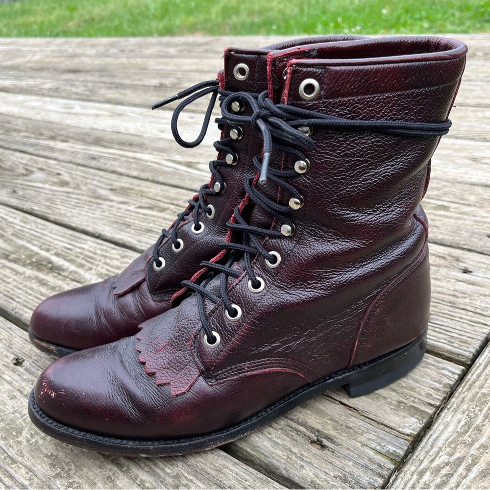 Vintage Justin Roper Leather Burgundy Lace Up Kiltie Granny Combat Boots Size 7